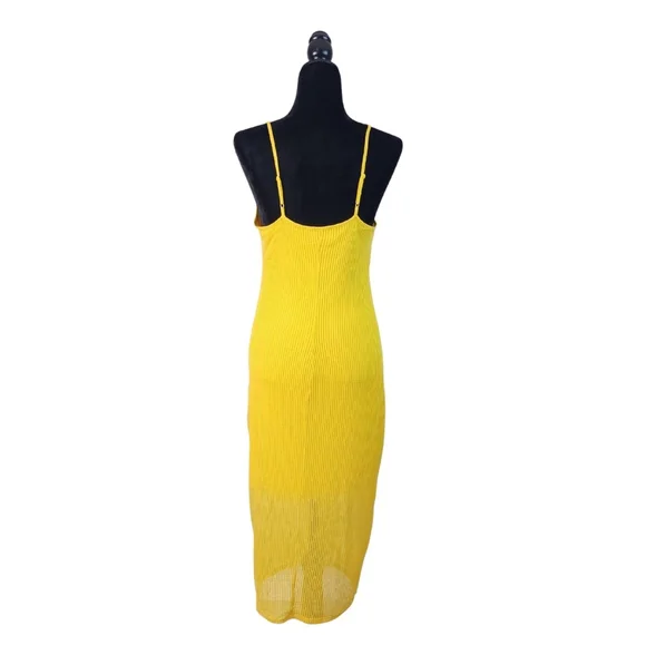 Express Yellow Ribbed Spaghetti Strap Midi Dress - Picture 2 of 4